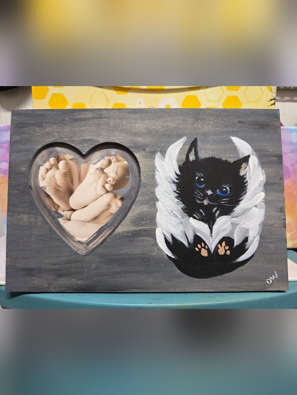 Hand Crafted Black and White Cat Paint on Gray Panel